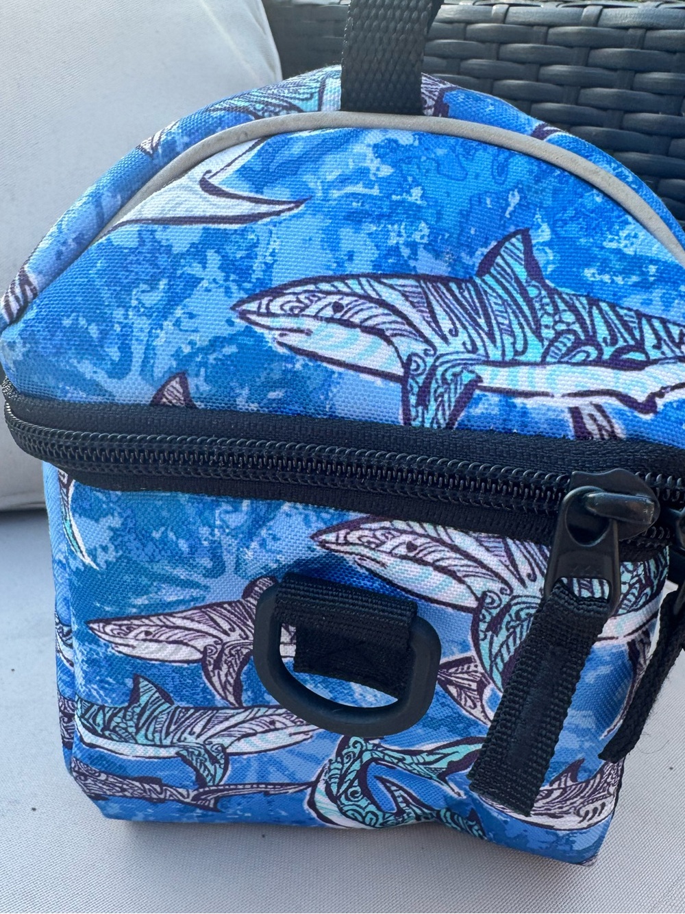 L.L.Bean Flip-Top Insulated Lunch Box - Glacier Blue Shark Print - Picture 2 of 9
